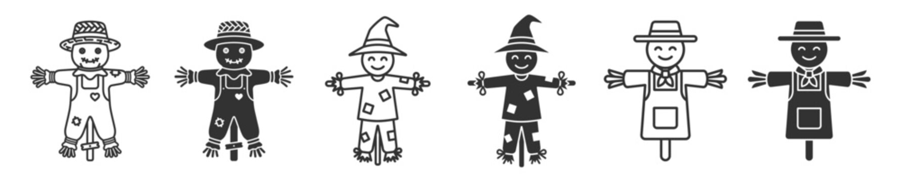 scarecrow icons set, farm scarecrow vector illustration, autumn decoration design on transparent background
