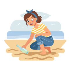 Fototapeta premium Young girl finding a message in a glass bottle on the sandy beach shore