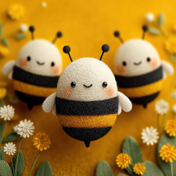 Cute fuzzy bee plush toys with smiling faces and colorful floral background bright yellow theme