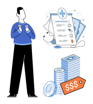 Man standing next to a medical bill and stacks of coins vector illustration. Financial planning, health insurance, hospital fees, expensive treatment, budget management, pharmacy costs. Patient