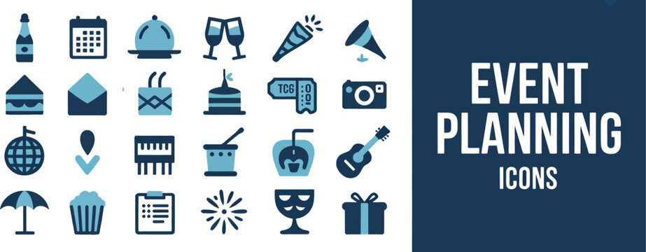 Event Planning Icon Set vector illustration featuring seminar speaker ticket balloon booking reminder calendar and event management solid glyph symbols for app and web design
