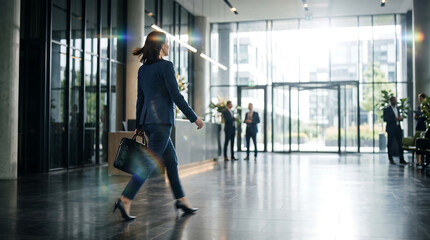 Fototapeta premium Businesswoman Walking Through Modern Corporate Office Lobby