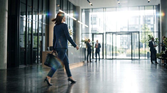 Businesswoman Walking Through Modern Corporate Office Lobby