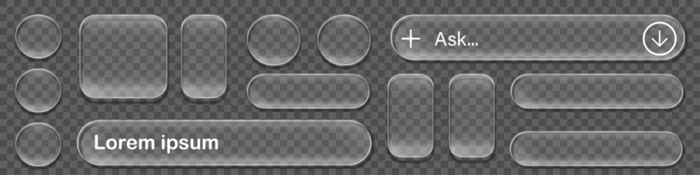 Collection of various glassmorphism style web interface buttons and ui elements with soft shadows on dark background Liquid glass 