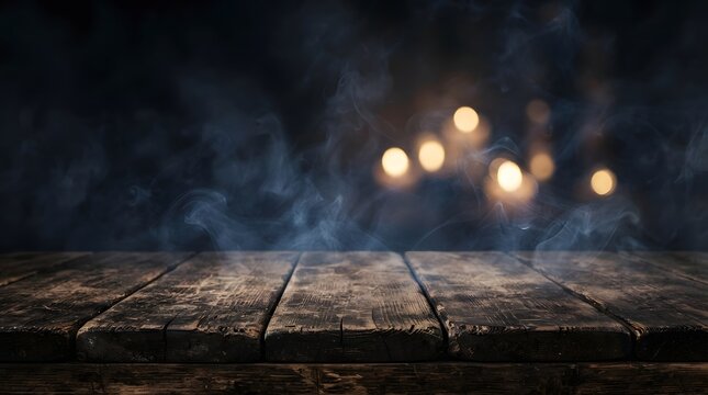 A dark wooden table surface with glowing bokeh lights and mysterious fog perfect for a spooky halloween wallpaper background for your holiday design projects today