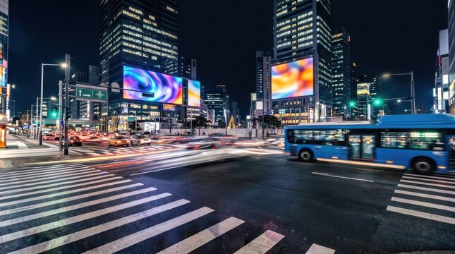 Modern City Intersection at Night with Motion Blur Traffic and Digital Billboards Website Banner Hero Header Wide Background Urban Infrastructure