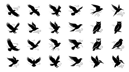 Fototapeta premium Collection of black flying bird silhouettes with wind breeze motion icons on white background, representing freedom concept and wild nature logo design identity