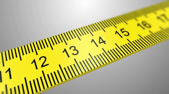 Close-up of a yellow measuring tape with centimeter markings sliding across the frame, highlighting scale, length, and precision in a clean 3D render