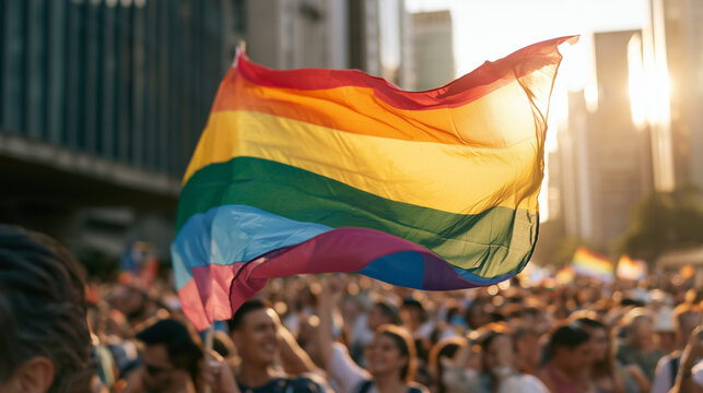 Vibrant Pride Parade LGBT Sao Paulo Featuring A Rainbow Flag Waving In The Sunny City Atmosphere Amidst A Cheerful Crowd During Celebration