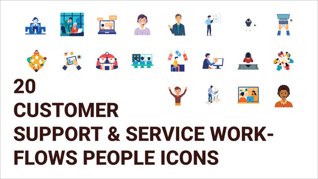 Customer support and service workflows people icons &ndash; ticketing, escalation, and resolution process symbols.
