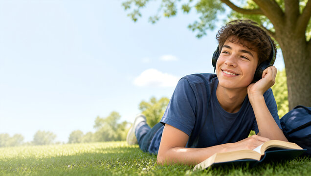 Happy Teenage Boy Listening to Music While Reading Book Outdoors