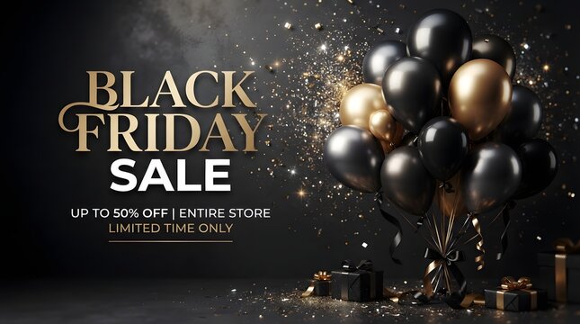 Elegant black friday sale banner with golden balloons and luxury confetti on dark background