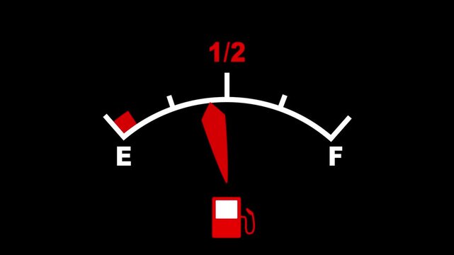 Dashboard meter animation filling up car fuel from empty to full tank fill 4k video on black background