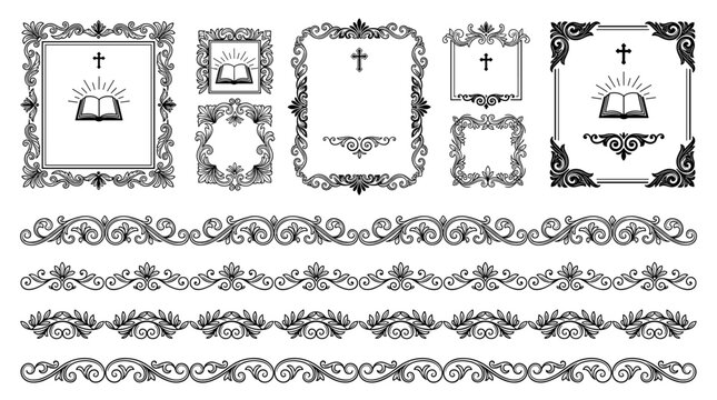 Religious decorative frames and borders with crosses, open books, and ornate flourishes