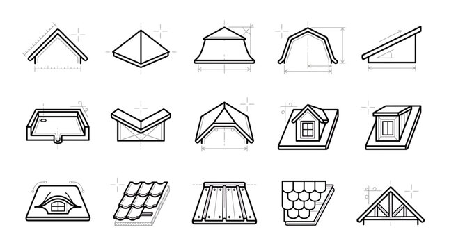 Line art icon set of various house roof types and architectural blueprint measurements, illustrating modern home construction planning, provides structural design concepts for architects