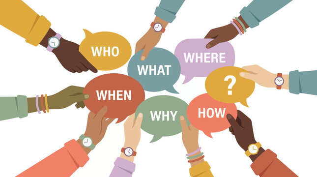 Diverse multicultural hands holding colorful speech bubbles with question words who what where when why how, representing team brainstorming and effective business communication