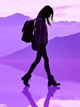 Silhouette of a Young Hiker Walking Across a Vast Reflective Landscape Under a Purple Sky at Sunset