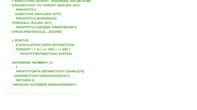 Futuristic green computer terminal hacking code hud interface animation.Close up of black screen with green programming code. Cybersecurity or hacking concept