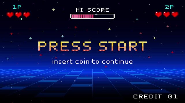 PRESS START. INSERT A COIN TO CONTINUE. pixel art 8 bit. Retro Futurism Sci-Fi Background. glowing neon grid and stars from vintage arcade computer games