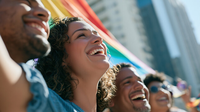 Group of Diverse People Celebrating Joyfully at the Vibrant Parade LGBT Sao Paulo With Rainbow Pride Flag Under Bright Daylight