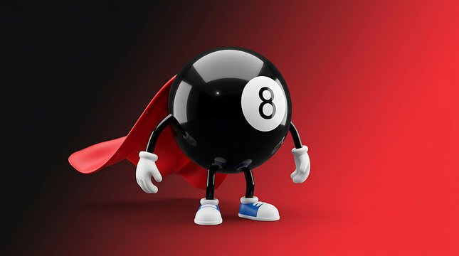 Super eight ball character in a red cape, ready for action against a dynamic gradient background