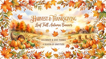 Fototapeta premium Autumn Harvest Thanksgiving Scene With Falling Leaves and Pumpkins