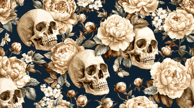 Skulls and chrysanthemums fill the scene, creating a Halloween theme. The design captures the essence of fall with dark colors and floral patterns
