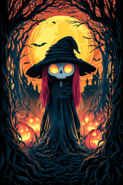 A witch with glowing orange eyes stands in a dark forest surrounded by pumpkins. The full moon shines brightly, creating an eerie atmosphere on Halloween