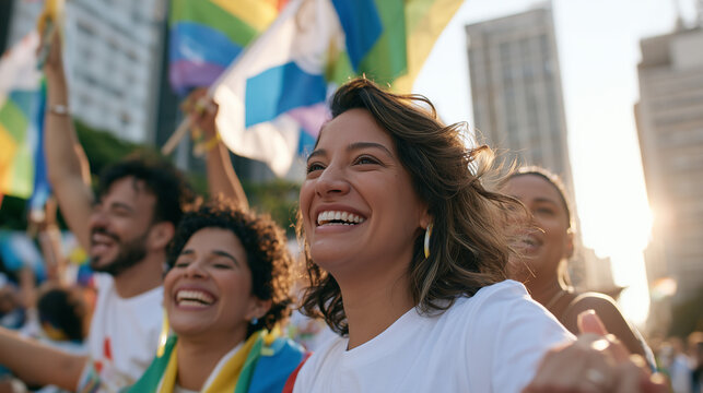 Joyful Diverse Group of People Celebrating Equality at the Vibrant Parade LGBT Sao Paulo March in Brazil