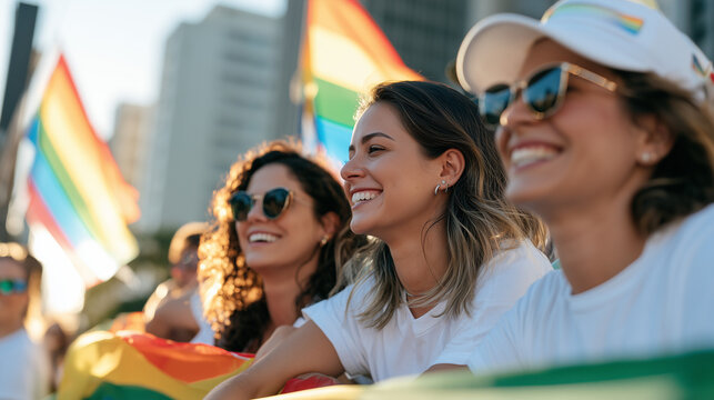 Joyful Diverse Group Celebrating Equality During The Vibrant Parade LGBT Sao Paulo With Rainbow Flags Outdoors