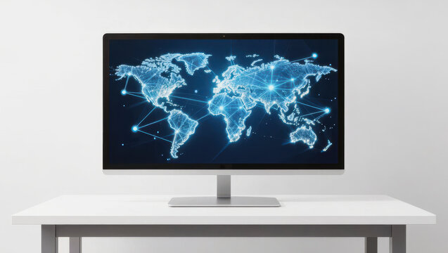 Computer monitor world map digital network technology office desk home office screen internet connection globe global