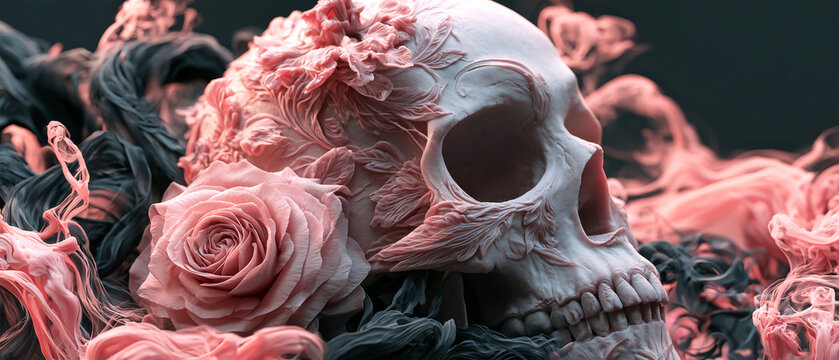 A skull covered with flowers sits among dark colors in a Halloween scene. The decorations give a blend of themes for the season, creating a unique look