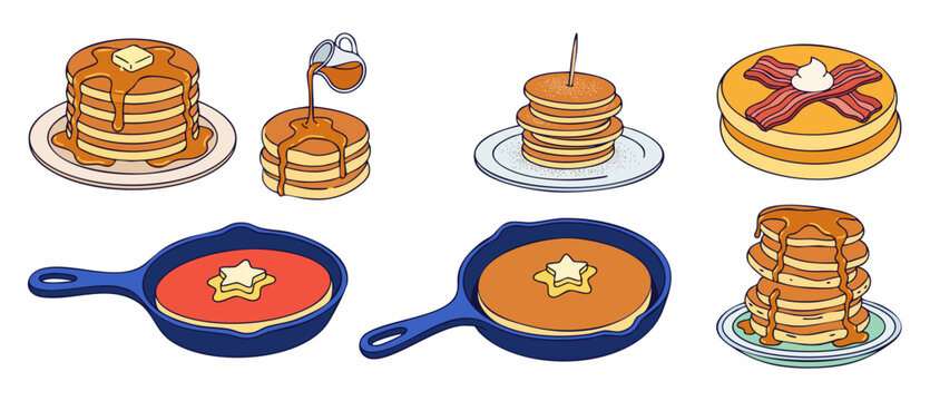 Pancake vector set food illustration with maple syrup butter bacon skillet for breakfast menu design isolated on white background flat cartoon style graphic clip art element bundle collection
