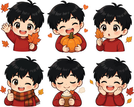 Autumn chibi boy sticker set with pumpkin, leaves and hot cocoa emotes