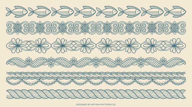 Collection of decorative borders and design elements with vintage fish and floral motifs