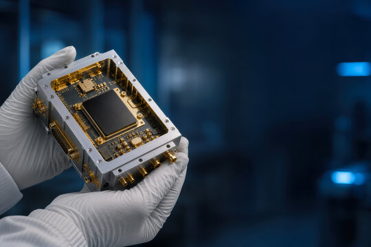 Aerospace defense electronic module held by gloved hands in cleanroom precision engineering sovereign security innovation export procurement hardware