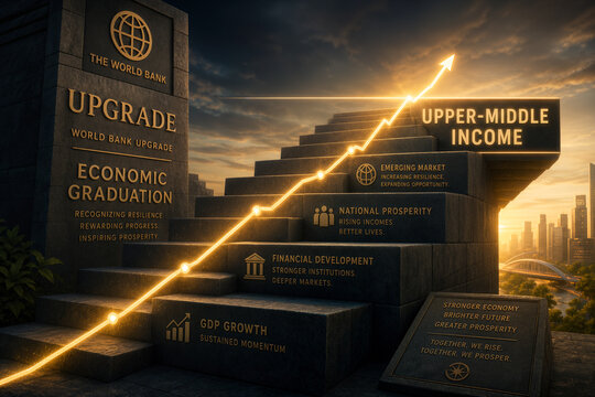 World Bank upgrade economic graduation concept with glowing golden trend line climbing stone steps to Upper-Middle Income emerging market GDP growth national prosperity financial development