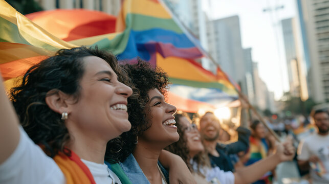 Diverse group of happy people celebrating inclusivity during the vibrant annual Parade LGBT Sao Paulo street festival