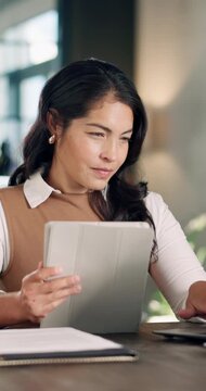 Business, woman and reading in office with tablet, research and email client for real estate. Female person, comparison or tech to review schedule, price property and online inquiry of resale listing