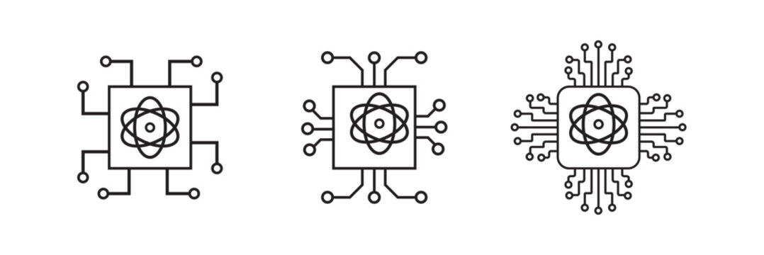 Quantum Computing Circuit Outline Icon Set with Atomic Processor Symbols Isolated on White Background. Perfect for artificial intelligence, scientific research, digital networks. vector illustration 