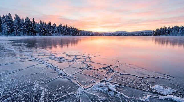 Scenic winter landscape at sunrise over frozen lake with cracked ice and snow covered evergreen forest in cold northern wilderness