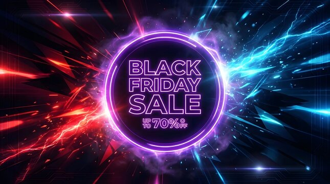 Abstract neon background with glowing circular frame for black friday sale marketing event promotion design