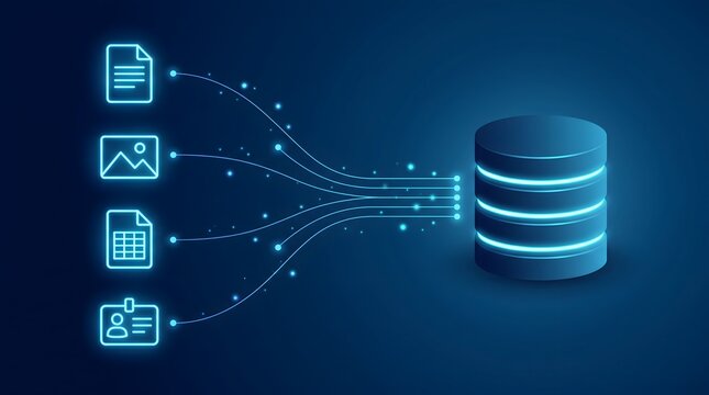 Glowing data lines funneling digital files like documents and images into a blue database server. Cloud computing and data transfer concept.