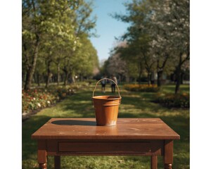 Fototapeta premium Bucket on the table in the garden