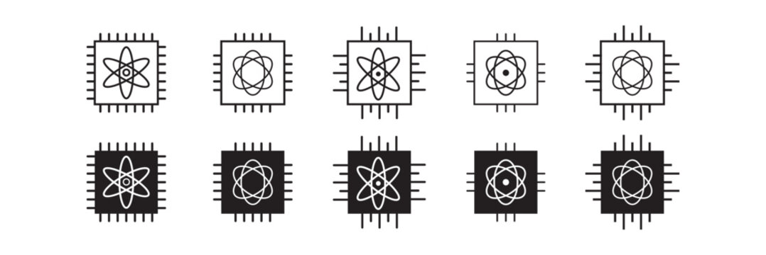 Quantum Computing Different Icon Set Simple Style Collection. quantum processor chip icons featuring an atomic symbol. Perfect for quantum computing, artificial intelligence, technology website.eps10