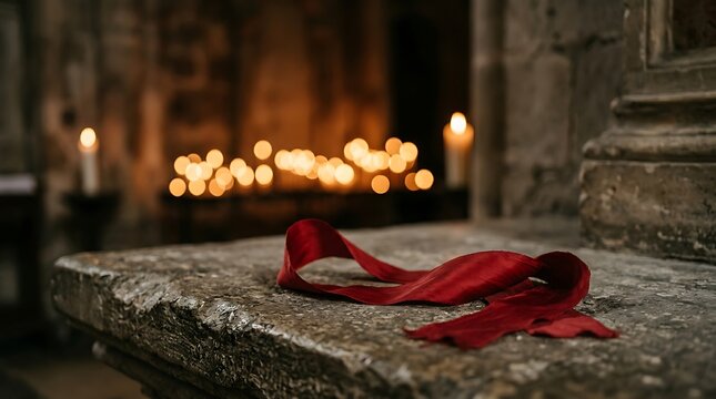 Red Silk Ribbon Resting on an Ancient Stone Altar in a Dimly Lit Cathedral with Glowing Candlelight Background