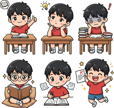 Cartoon boy studying and learning, showing school activities and emotions