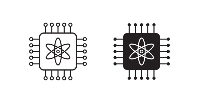 Quantum Computing Processor Chip Icons set in Outline and Filled Styles. Modern quantum technology vector illustration isolated on a white background.