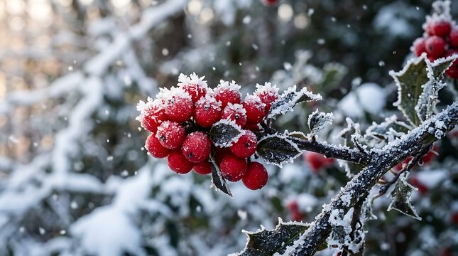 Frost-covered red berries on a branch during a winter snowfall in the forest