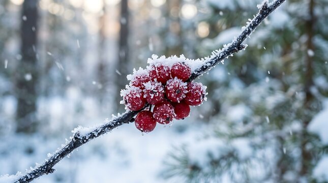 Frosty Red Berries Clinging to a Snow-Covered Branch in a Serene Winter Forest Landscape